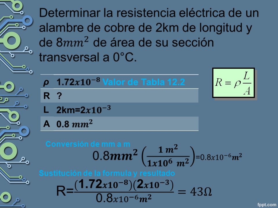 ρ R L A Conversión de mm a m Sustitución de la formula y resultado