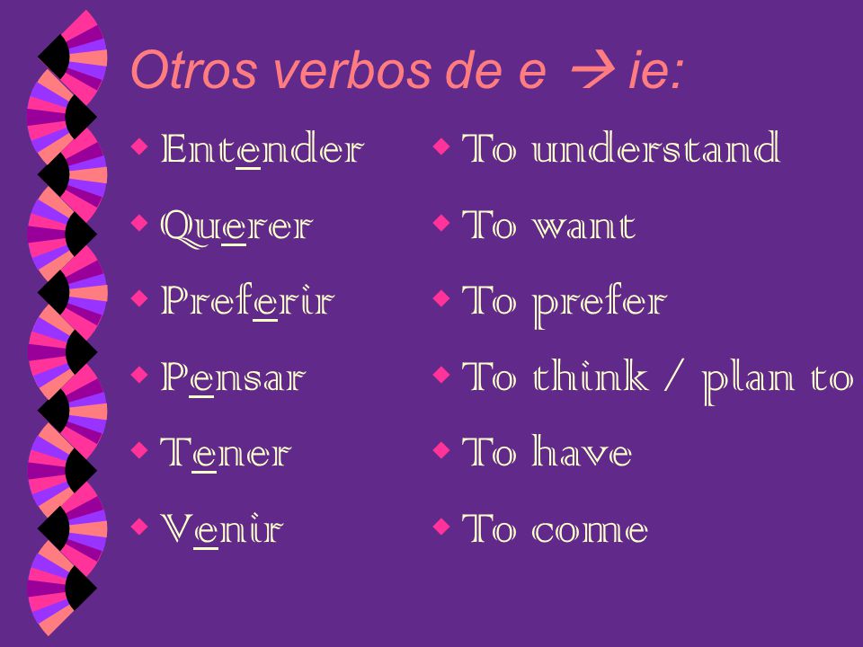 Otros verbos de e  ie: Entender. Querer. Preferir. Pensar. Tener. Venir. To understand. To want.