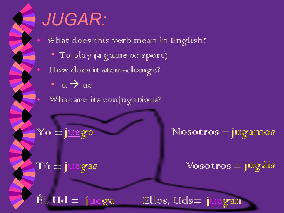 JUGAR: Yo = Tú = Él, Ud = juego Nosotros = jugamos juegas Vosotros =