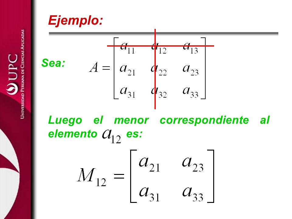 Ejemplo: Sea: Luego el menor correspondiente al elemento es: