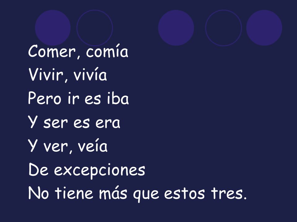 Comer, comía Vivir, vivía. Pero ir es iba. Y ser es era.