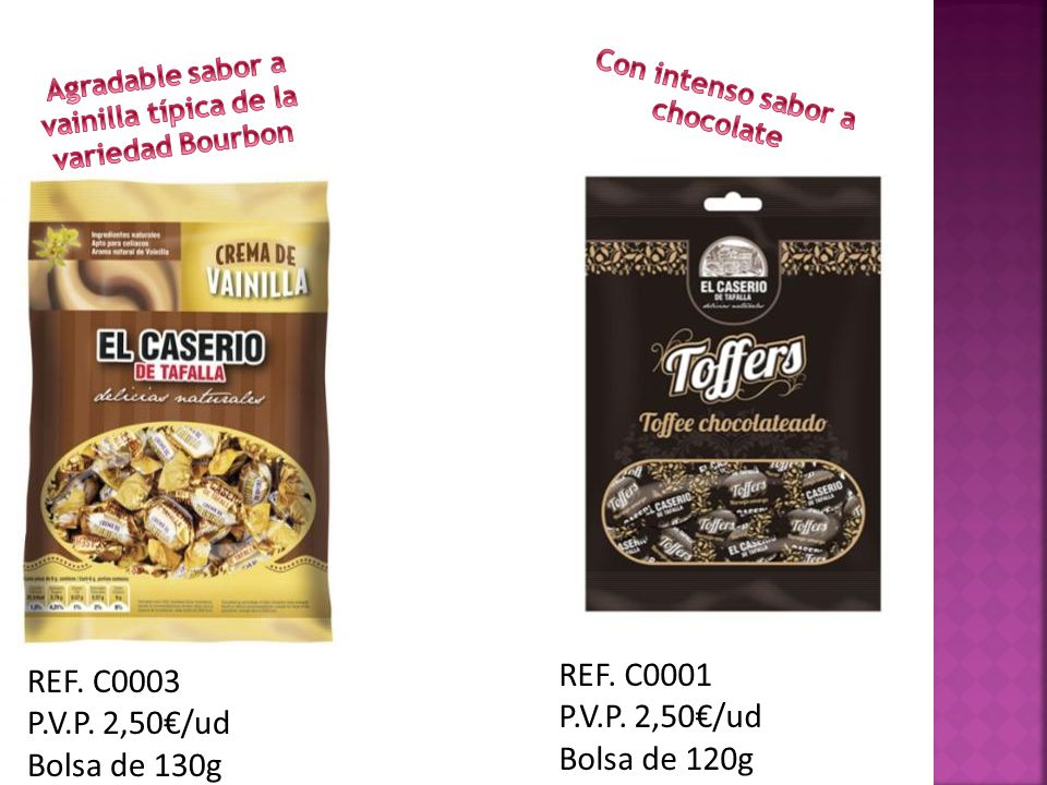 REF. C0001 REF. C0003 P.V.P. 2,50€/ud P.V.P. 2,50€/ud Bolsa de 120g