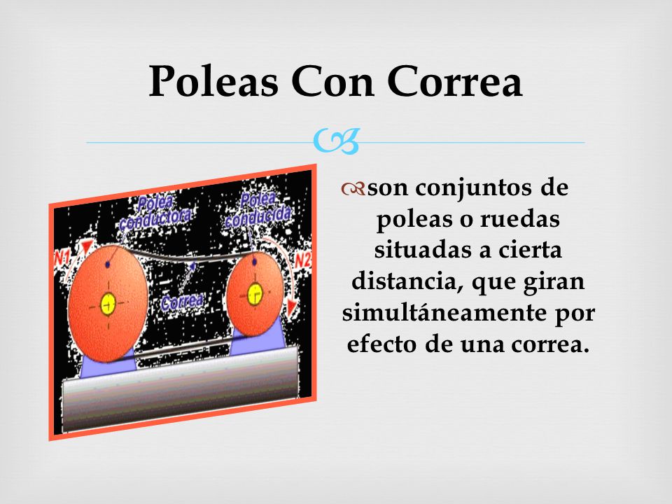 Poleas Con Correa son conjuntos de poleas o ruedas situadas a cierta distancia, que giran simultáneamente por efecto de una correa.