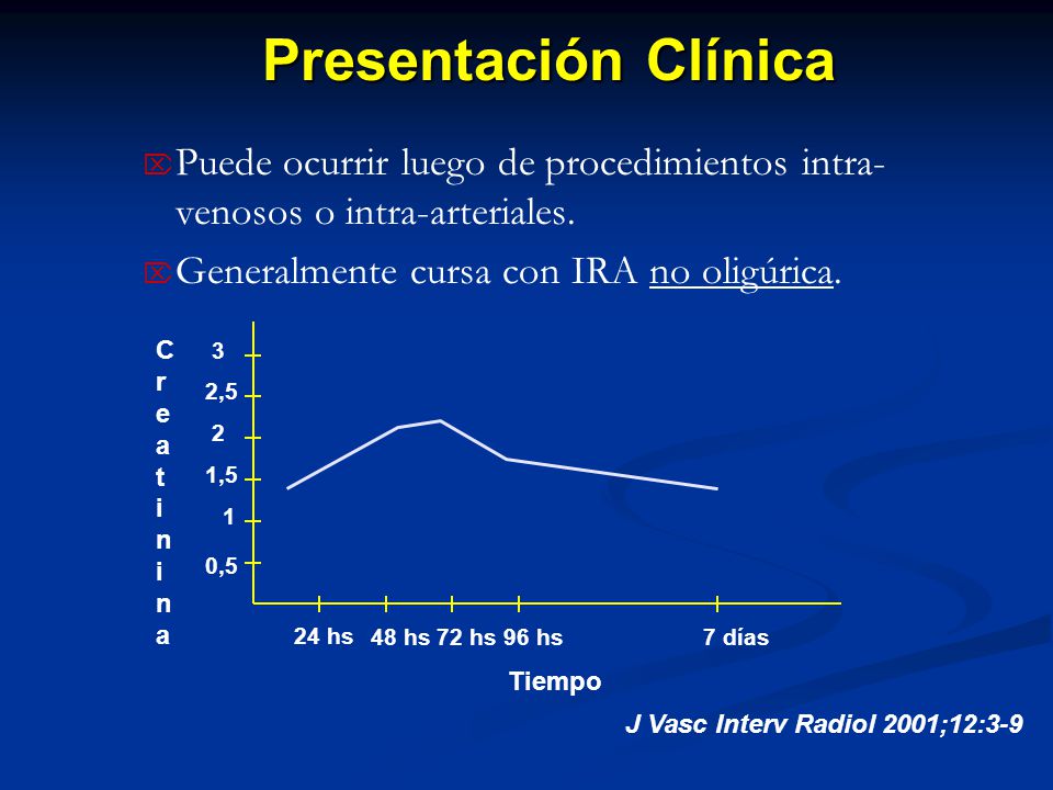 Presentación Clínica Puede ocurrir luego de procedimientos intra-venosos o intra-arteriales. Generalmente cursa con IRA no oligúrica.