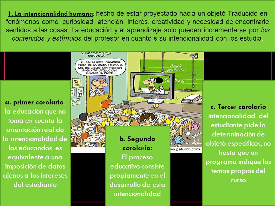 1. La intencionalidad humana: hecho de estar proyectado hacia un objetó Traducido en fenómenos como curiosidad, atención, interés, creatividad y necesidad de encontrarle sentidos a las cosas. La educación y el aprendizaje solo pueden incrementarse por los contenidos y estímulos del profesor en cuanto s su intencionalidad con los estudia.