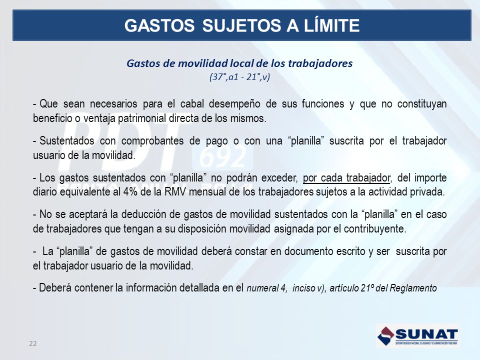 GASTOS SUJETOS A LÍMITE Gastos de movilidad local de los trabajadores