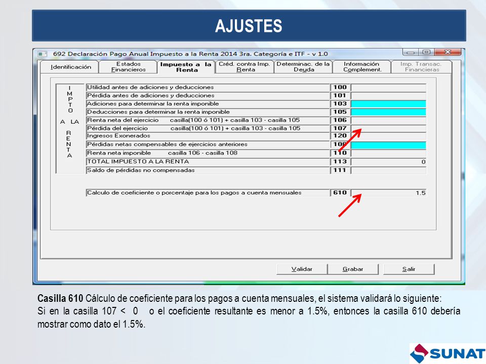 AJUSTES Casilla 610 Cálculo de coeficiente para los pagos a cuenta mensuales, el sistema validará lo siguiente: