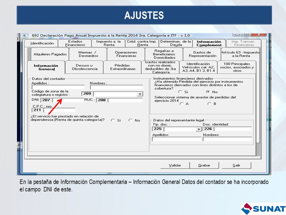 AJUSTES En la pestaña de Información Complementaria – Información General Datos del contador se ha incorporado el campo DNI de este.