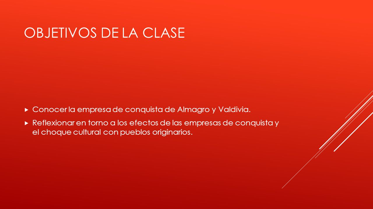 Objetivos de la clase Conocer la empresa de conquista de Almagro y Valdivia.