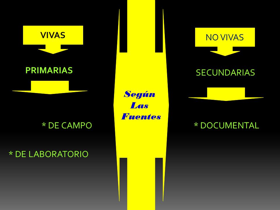 Según Las Fuentes VIVAS NO VIVAS PRIMARIAS SECUNDARIAS * DE CAMPO * DOCUMENTAL * DE LABORATORIO