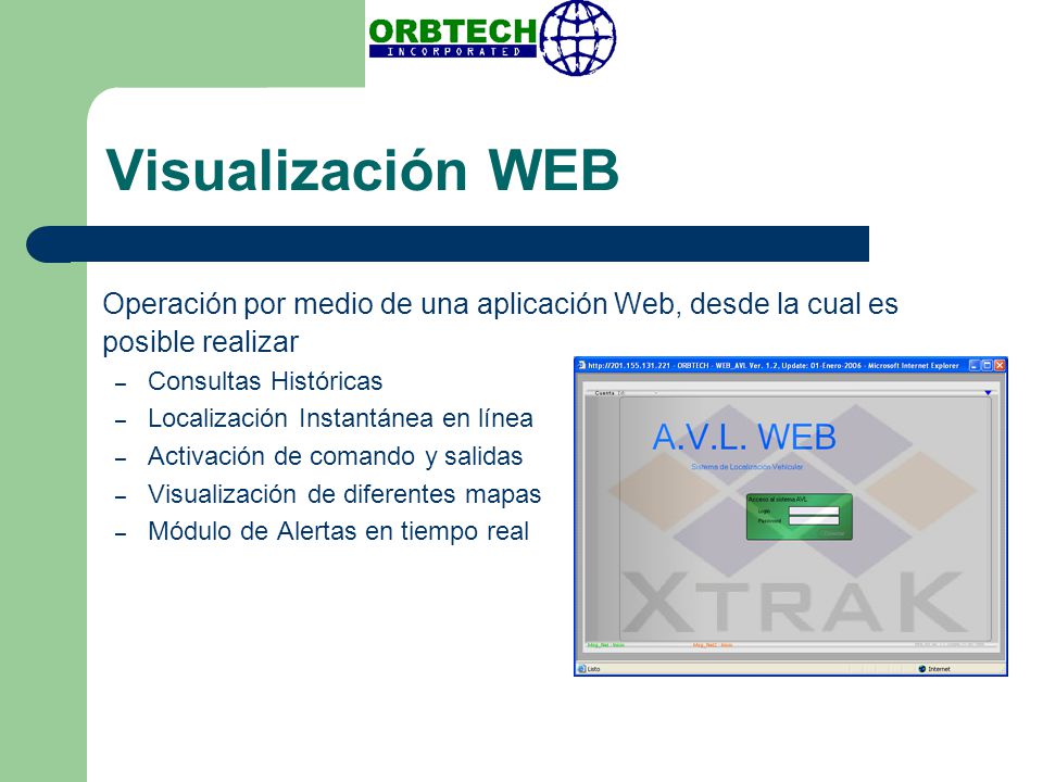 Visualización WEB Operación por medio de una aplicación Web, desde la cual es posible realizar. Consultas Históricas.