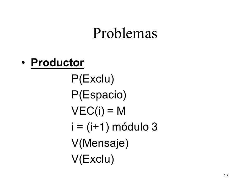 Problemas Productor P(Exclu) P(Espacio) VEC(i) = M i = (i+1) módulo 3