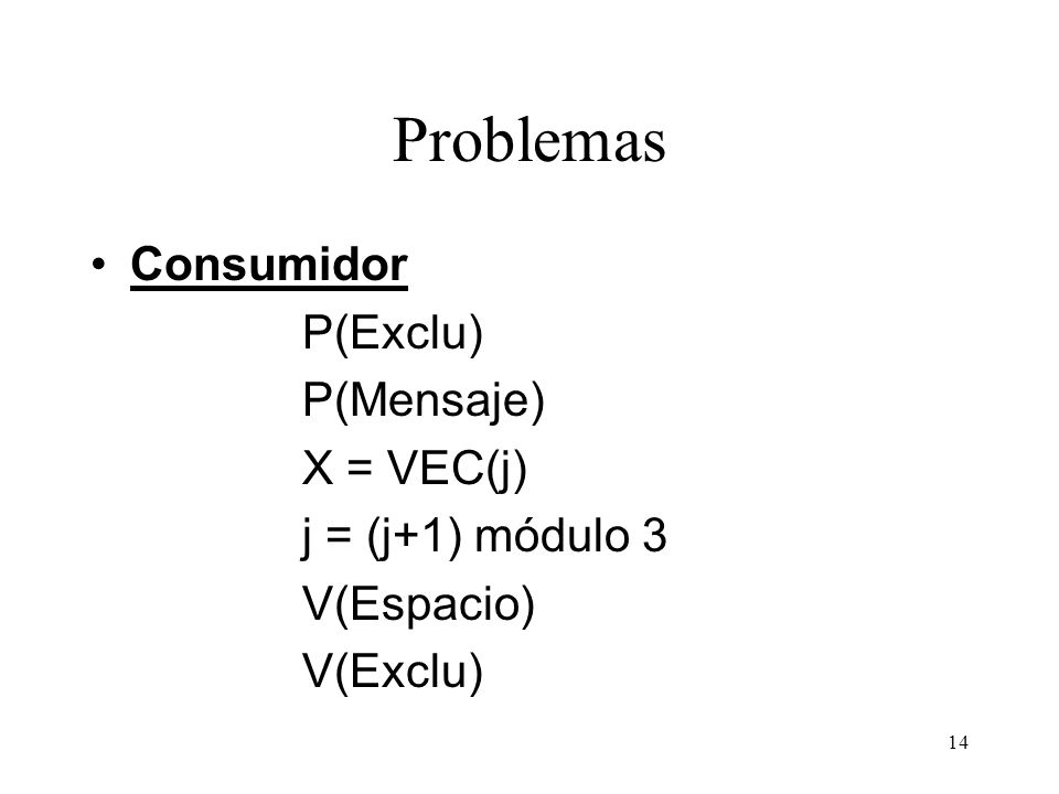 Problemas Consumidor P(Exclu) P(Mensaje) X = VEC(j) j = (j+1) módulo 3
