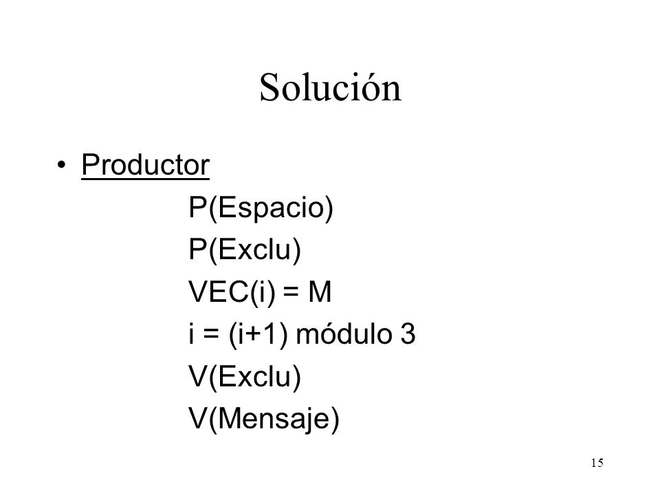 Solución Productor P(Espacio) P(Exclu) VEC(i) = M i = (i+1) módulo 3