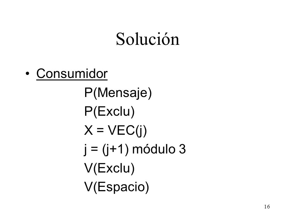 Solución Consumidor P(Mensaje) P(Exclu) X = VEC(j) j = (j+1) módulo 3