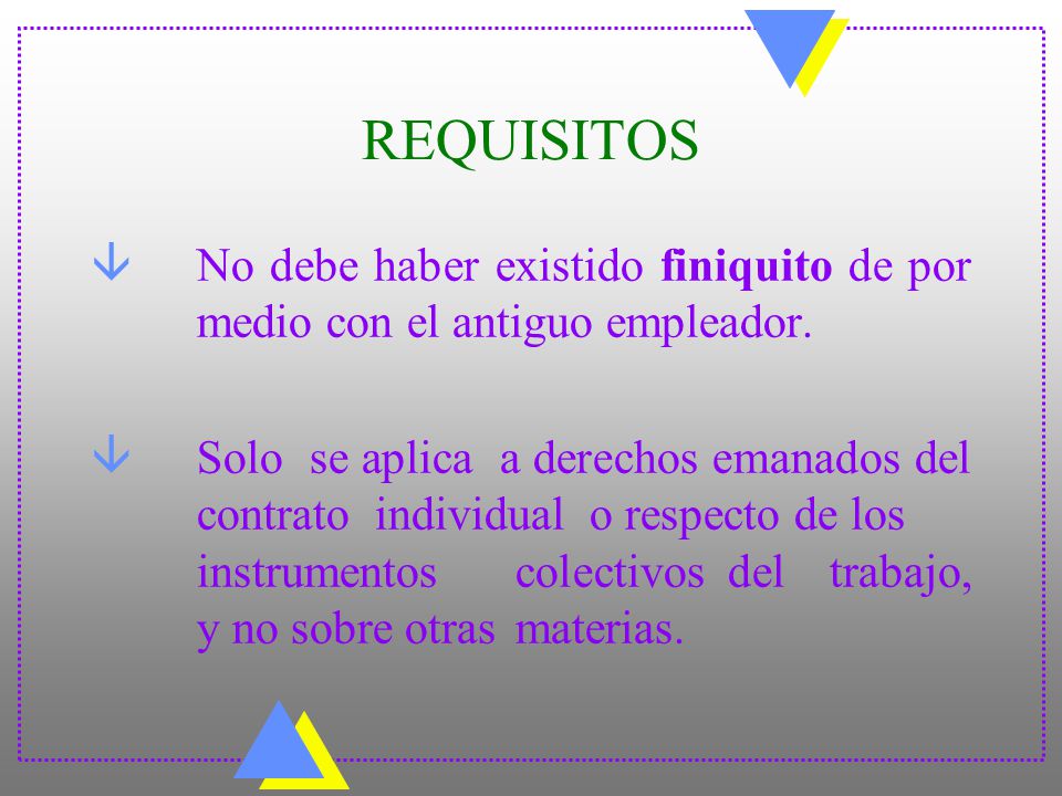 REQUISITOS No debe haber existido finiquito de por medio con el antiguo empleador.