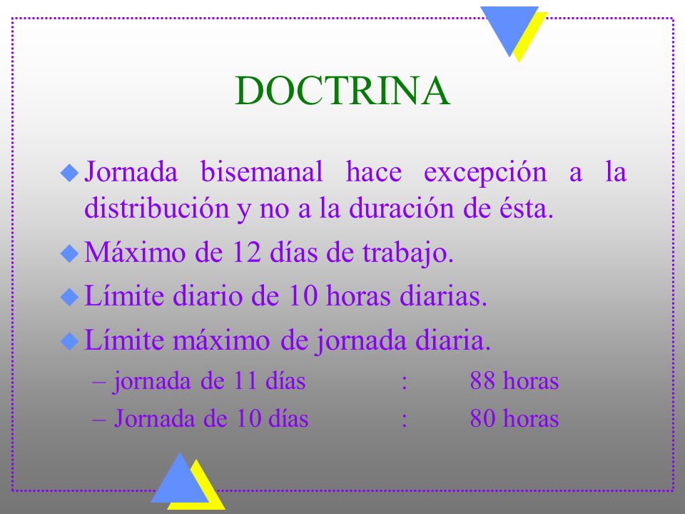 DOCTRINA Jornada bisemanal hace excepción a la distribución y no a la duración de ésta. Máximo de 12 días de trabajo.