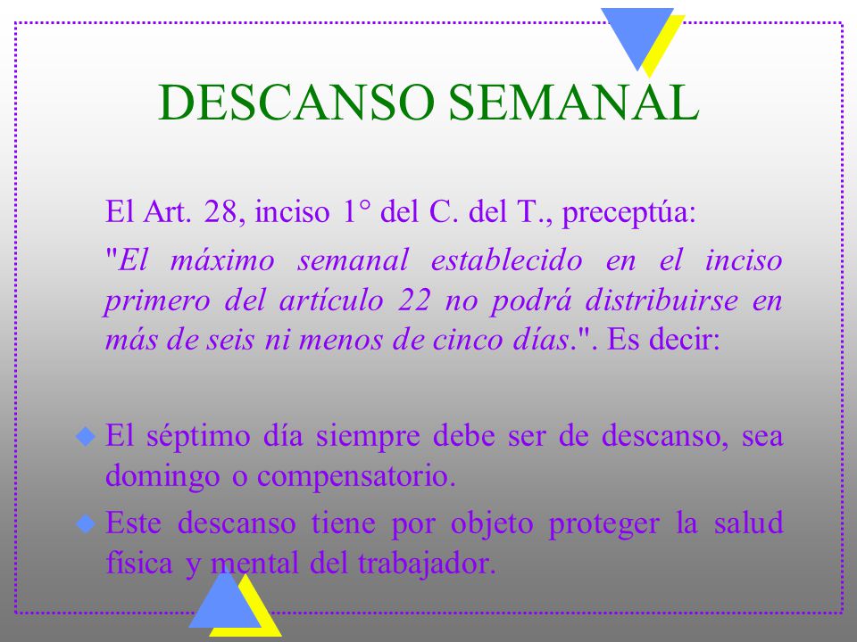 DESCANSO SEMANAL El Art. 28, inciso 1° del C. del T., preceptúa: