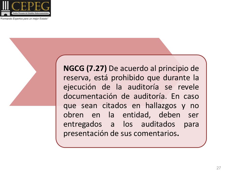 NGCG (7.27) De acuerdo al principio de reserva, está prohibido que durante la ejecución de la auditoría se revele documentación de auditoría.