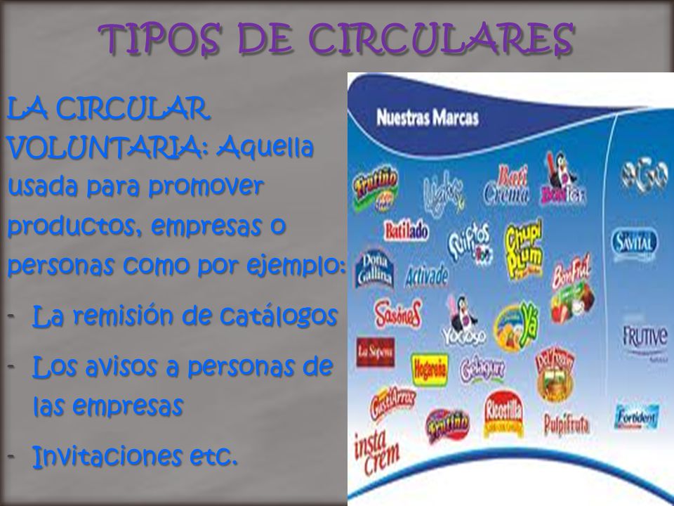 TIPOS DE CIRCULARES LA CIRCULAR VOLUNTARIA: Aquella usada para promover productos, empresas o personas como por ejemplo: