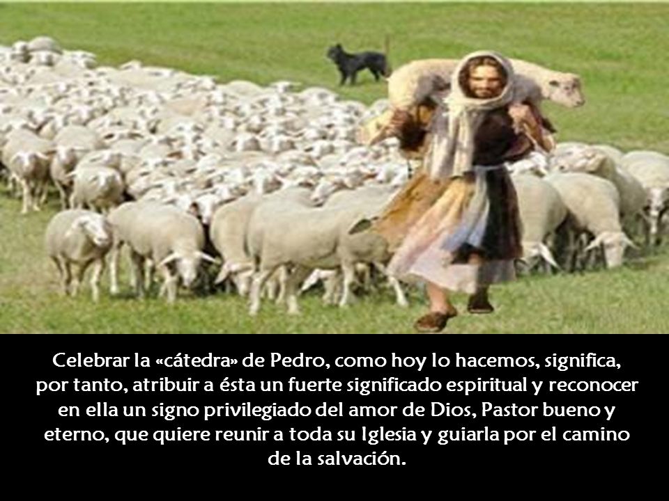 Celebrar la «cátedra» de Pedro, como hoy lo hacemos, significa, por tanto, atribuir a ésta un fuerte significado espiritual y reconocer en ella un signo privilegiado del amor de Dios, Pastor bueno y eterno, que quiere reunir a toda su Iglesia y guiarla por el camino de la salvación.