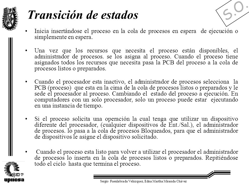 Transición de estados Inicia insertándose el proceso en la cola de procesos en espera de ejecución o simplemente en espera.