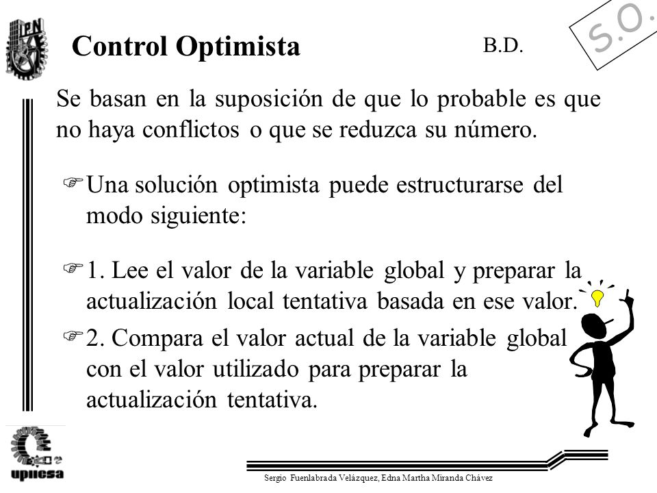 Control Optimista B.D. Se basan en la suposición de que lo probable es que no haya conflictos o que se reduzca su número.