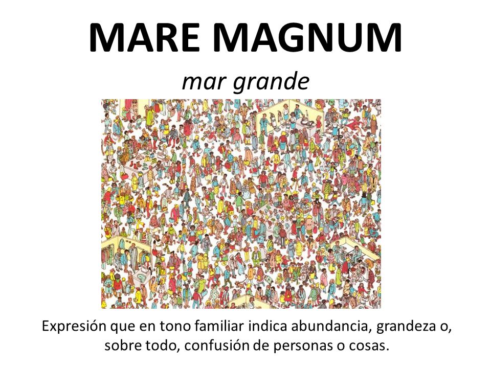 MARE MAGNUM mar grande Expresión que en tono familiar indica abundancia, grandeza o, sobre todo, confusión de personas o cosas.