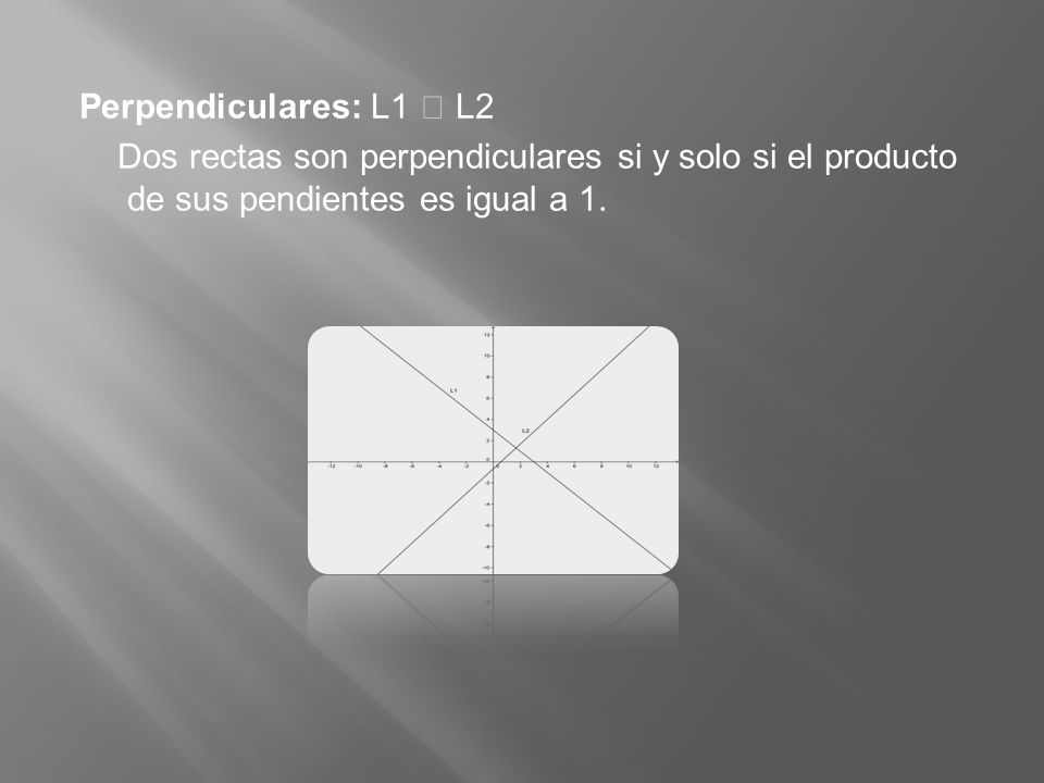 Perpendiculares: L1  L2 Dos rectas son perpendiculares si y solo si el producto de sus pendientes es igual a 1.