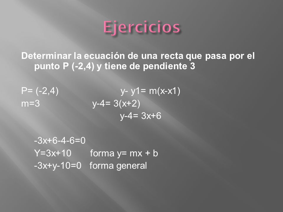 Ejercicios Determinar la ecuación de una recta que pasa por el punto P (-2,4) y tiene de pendiente 3.
