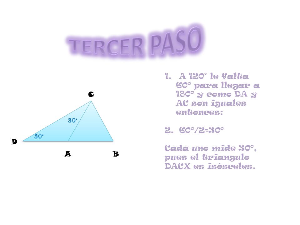 TERCER PASO A 120° le falta 60º para llegar a 180º y como DA y AC son iguales entonces: 60º/2=30º.