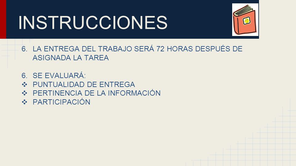 INSTRUCCIONES LA ENTREGA DEL TRABAJO SERÁ 72 HORAS DESPUÉS DE ASIGNADA LA TAREA. SE EVALUARÁ: PUNTUALIDAD DE ENTREGA.