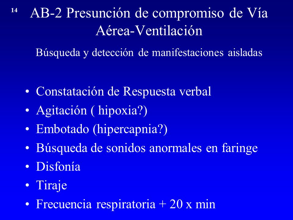 14 AB-2 Presunción de compromiso de Vía Aérea-Ventilación Búsqueda y detección de manifestaciones aisladas.