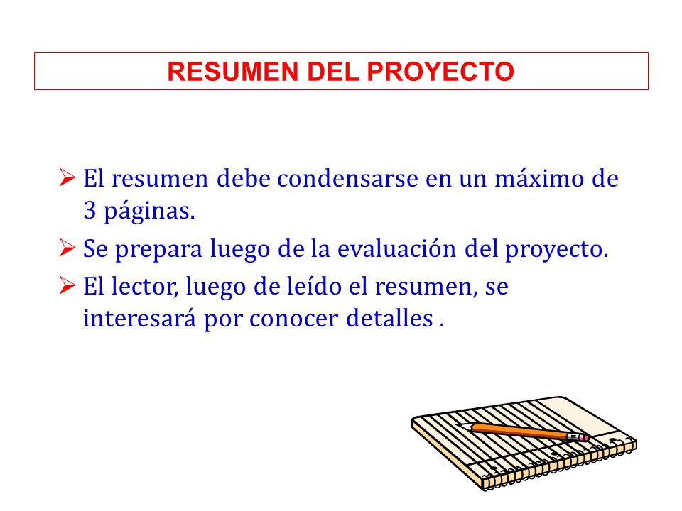 RESUMEN DEL PROYECTO El resumen debe condensarse en un máximo de 3 páginas. Se prepara luego de la evaluación del proyecto.