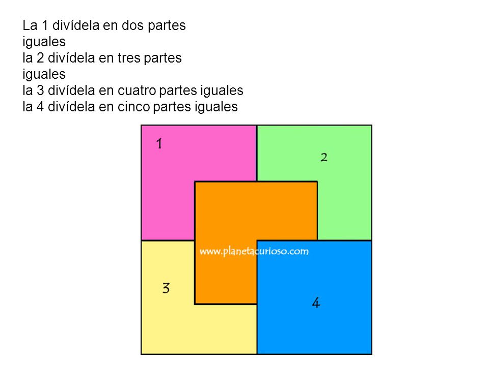 La 1 divídela en dos partes iguales la 2 divídela en tres partes iguales la 3 divídela en cuatro partes iguales la 4 divídela en cinco partes iguales