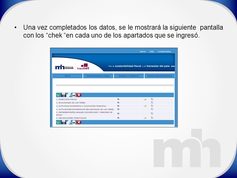 Una vez completados los datos, se le mostrará la siguiente pantalla con los chek en cada uno de los apartados que se ingresó.