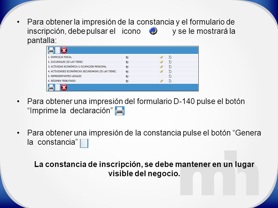 Para obtener la impresión de la constancia y el formulario de inscripción, debe pulsar el icono y se le mostrará la pantalla: