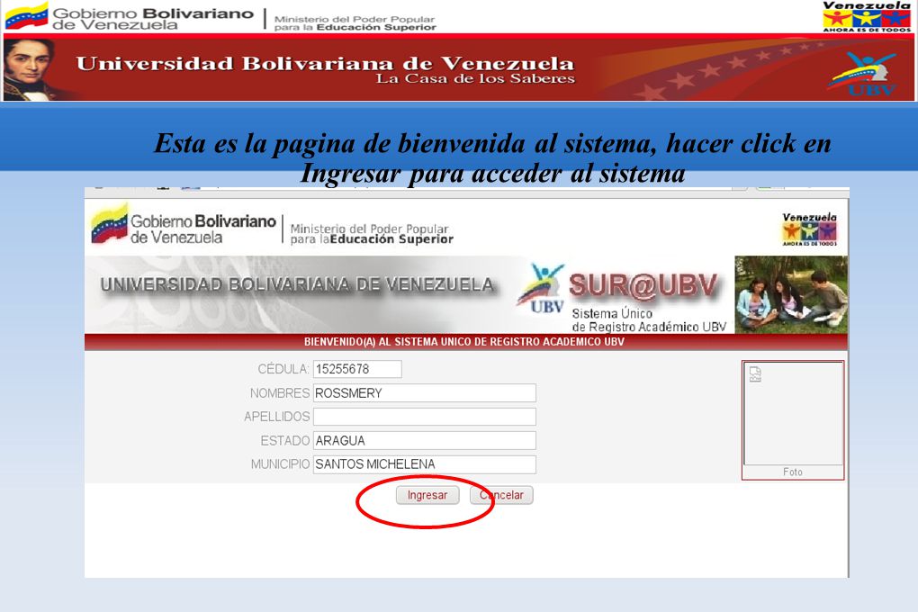 Esta es la pagina de bienvenida al sistema, hacer click en Ingresar para acceder al sistema