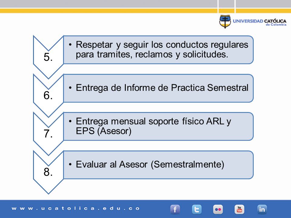 5. Respetar y seguir los conductos regulares para tramites, reclamos y solicitudes. 6. Entrega de Informe de Practica Semestral.
