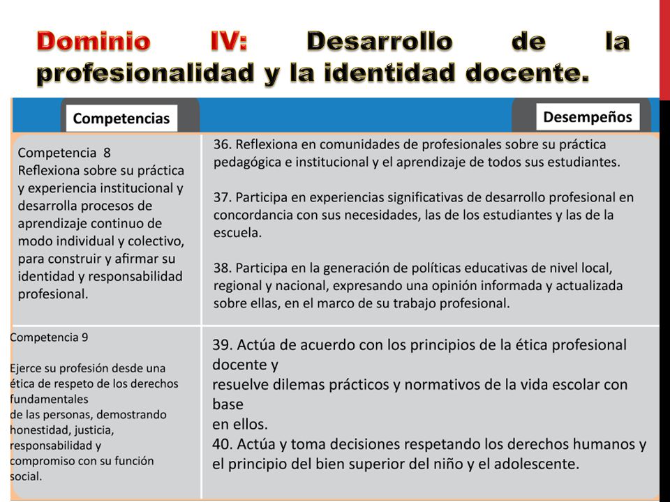 Dominio IV: Desarrollo de la profesionalidad y la identidad docente.