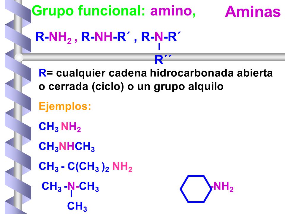 Aminas Grupo funcional: amino, R-NH2 , R-NH-R´ , R-N-R´ R´´