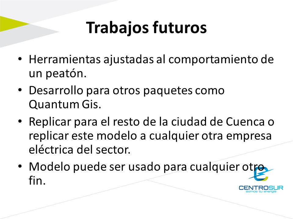 Trabajos futuros Herramientas ajustadas al comportamiento de un peatón. Desarrollo para otros paquetes como Quantum Gis.