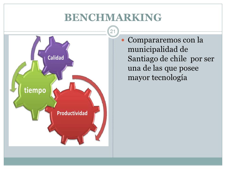 BENCHMARKING Compararemos con la municipalidad de Santiago de chile por ser una de las que posee mayor tecnología.