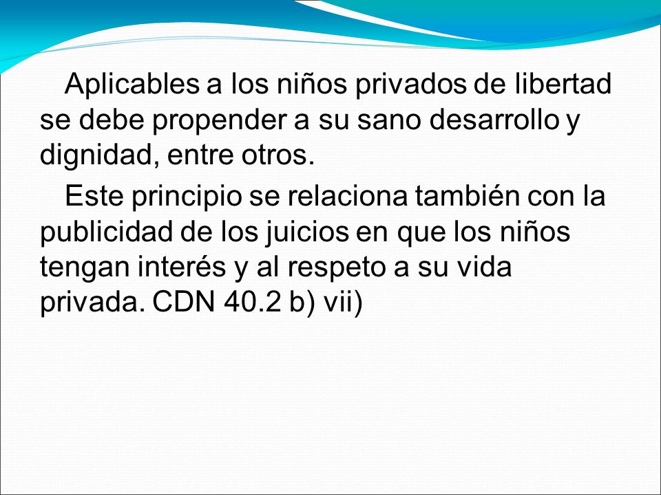 Aplicables a los niños privados de libertad se debe propender a su sano desarrollo y dignidad, entre otros.