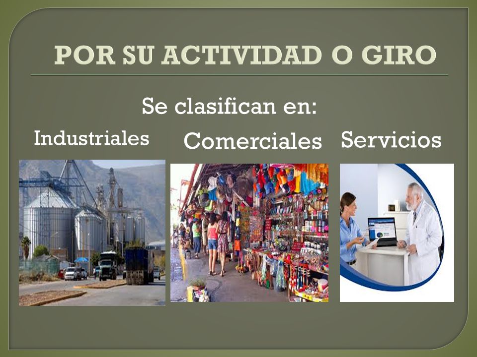 POR SU ACTIVIDAD O GIRO Se clasifican en: Comerciales Servicios