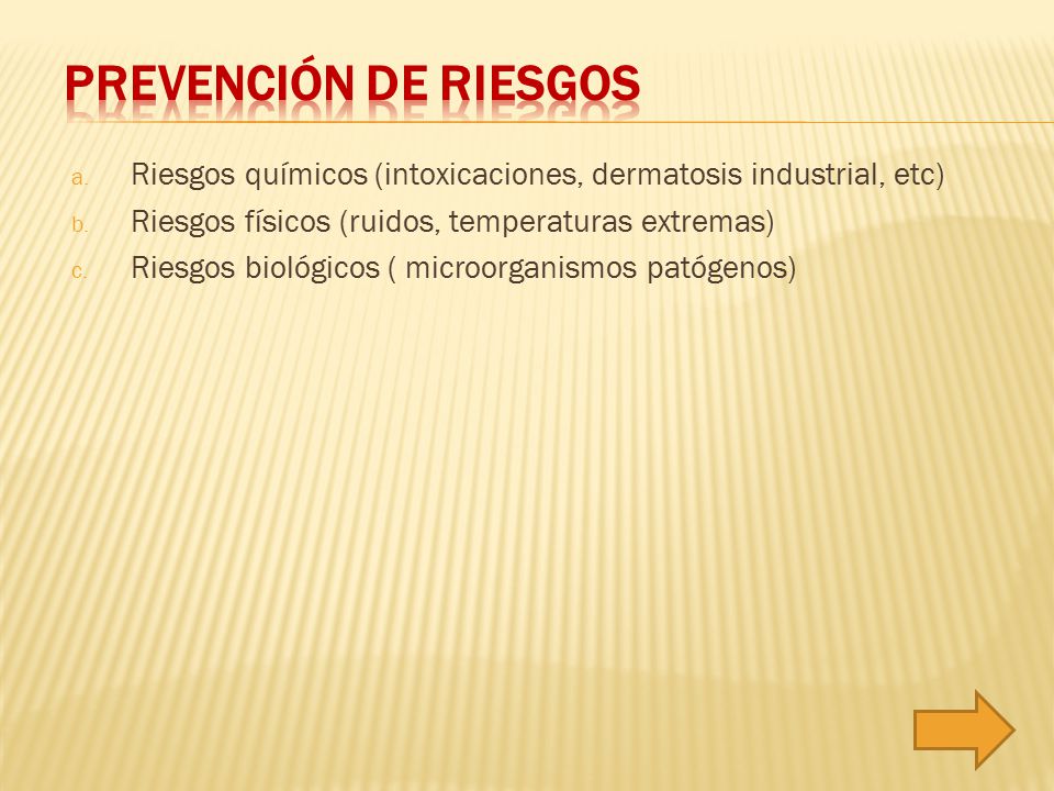 Prevención de riesgos Riesgos químicos (intoxicaciones, dermatosis industrial, etc) Riesgos físicos (ruidos, temperaturas extremas)