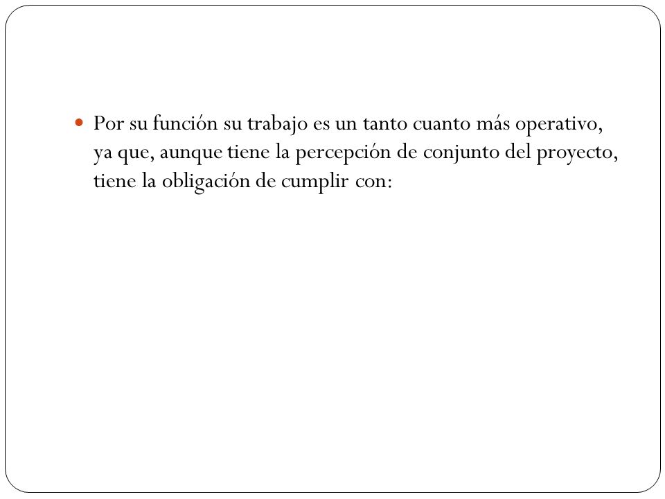 Por su función su trabajo es un tanto cuanto más operativo, ya que, aunque tiene la percepción de conjunto del proyecto, tiene la obligación de cumplir con: