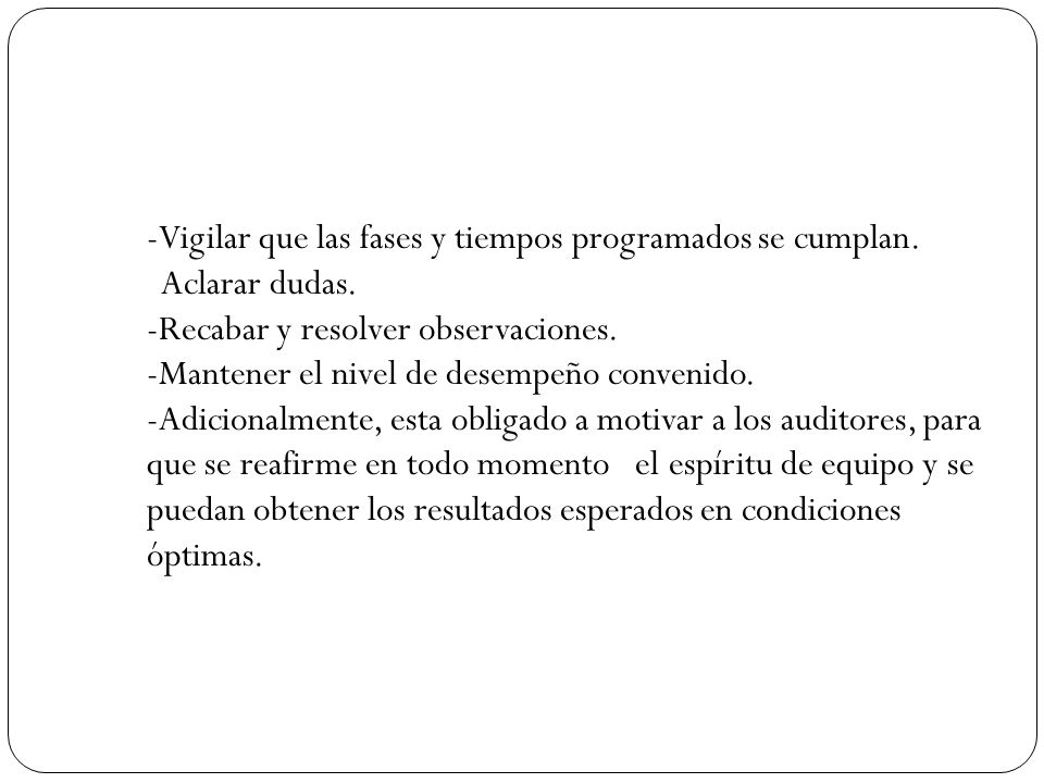 -Vigilar que las fases y tiempos programados se cumplan. Aclarar dudas
