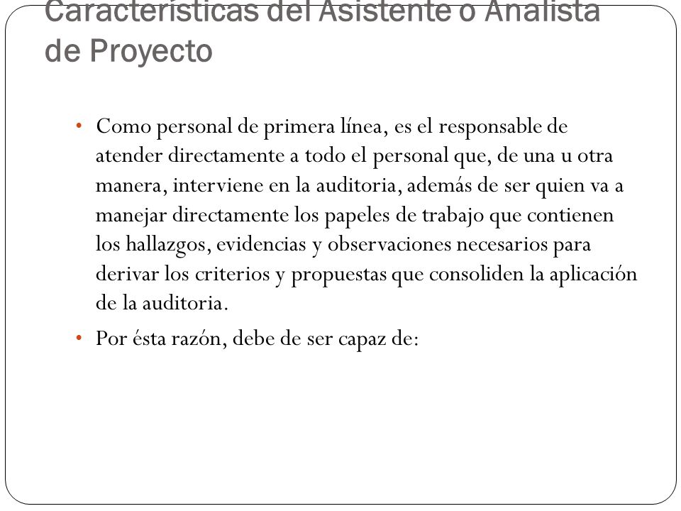 Características del Asistente o Analista de Proyecto