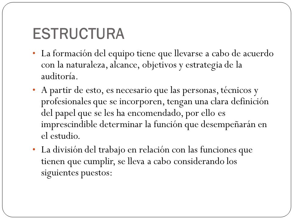 ESTRUCTURA La formación del equipo tiene que llevarse a cabo de acuerdo con la naturaleza, alcance, objetivos y estrategia de la auditoría.